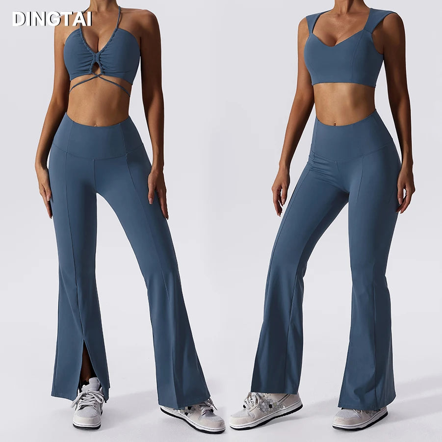 New Arrived Workout Wear 3 Piece Set Gym Clothing Fitness Sport Bra Flared Pants Yoga Set Bra Legging Sets