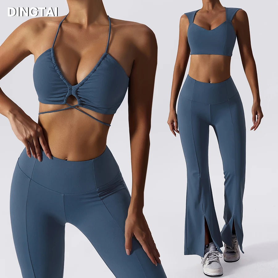 New Arrived Workout Wear 3 Piece Set Gym Clothing Fitness Sport Bra Flared Pants Yoga Set Bra Legging Sets