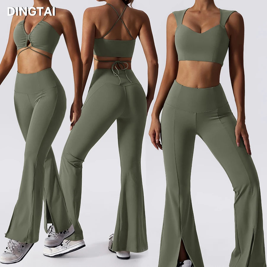 New Arrived Workout Wear 3 Piece Set Gym Clothing Fitness Sport Bra Flared Pants Yoga Set Bra Legging Sets