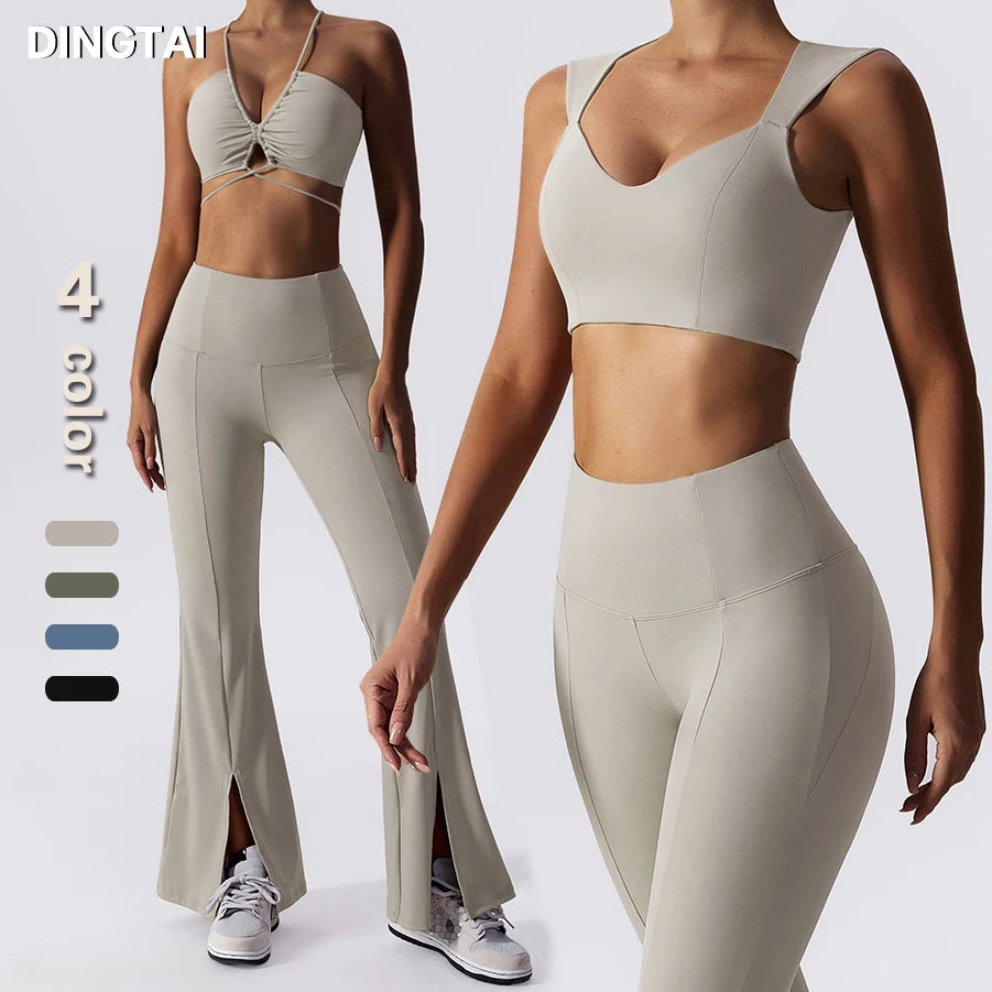 New Arrived Workout Wear 3 Piece Set Gym Clothing Fitness Sport Bra Flared Pants Yoga Set Bra Legging Sets