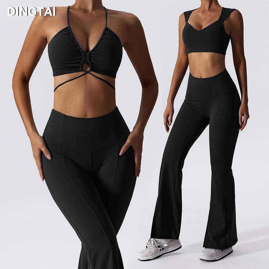 New Arrived Workout Wear 3 Piece Set Gym Clothing Fitness Sport Bra Flared Pants Yoga Set Bra Legging Sets