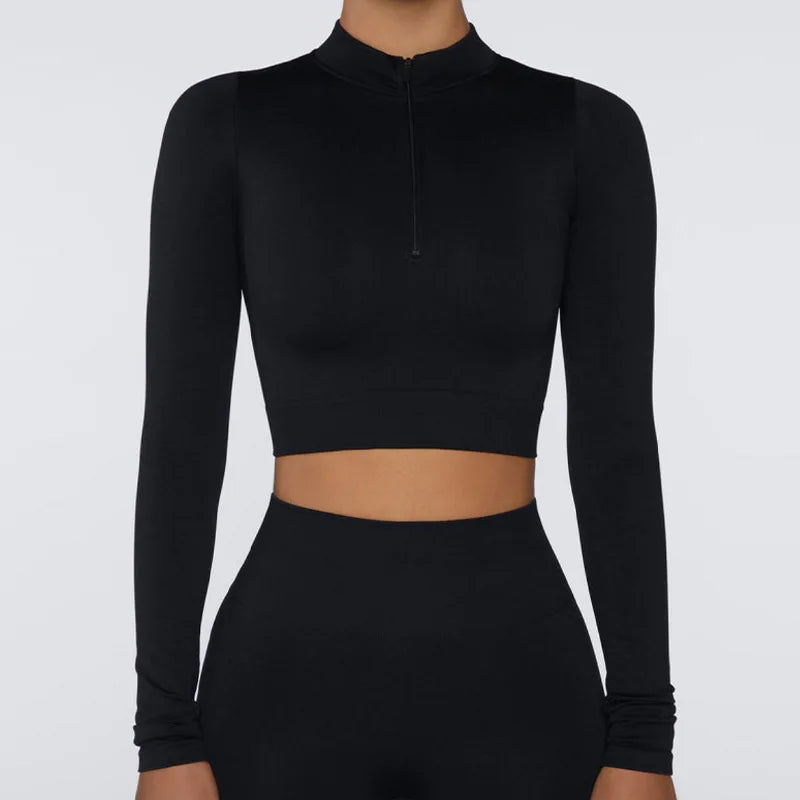 Seamless Gym Clothing for Women High Waist Yoga Short Set Fitness Longsleeve Crop Top Legging Bra Workout Sets