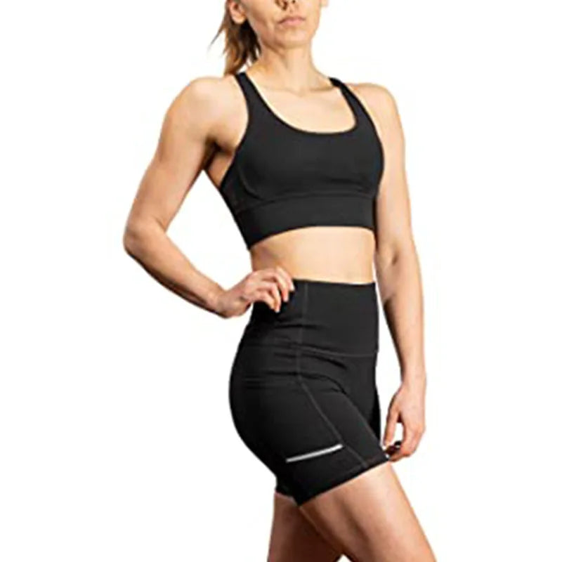 High Quality Eco Friendly Gym Clothing Yoga Shorts Side Pockets and Cross Back Sports Bra for Women
