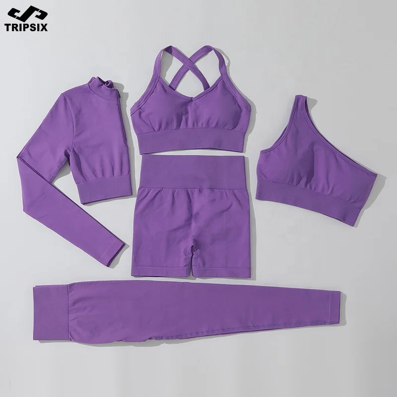 Seamless Gym Clothing for Women High Waist Yoga Short Set Fitness Longsleeve Crop Top Legging Bra Workout Sets