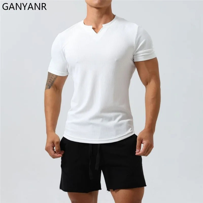 GANYANR Gym Clothing Men Running T-shirt Summer Golf Wear Active Fitness Short Sleeve Sports Bodybuilding Training Yoga Cool Tee