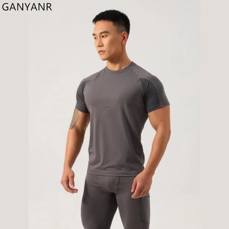 GANYANR Gym Clothing Men Running T-shirt Summer Golf Wear Active Fitness Short Sleeve Sports Bodybuilding Training Yoga Cool Tee