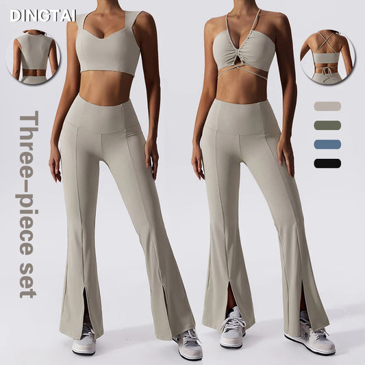 New Arrived Workout Wear 3 Piece Set Gym Clothing Fitness Sport Bra Flared Pants Yoga Set Bra Legging Sets