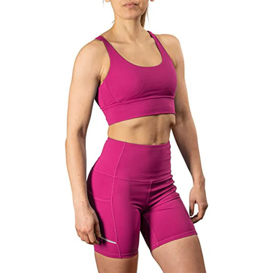 High Quality Eco Friendly Gym Clothing Yoga Shorts Side Pockets and Cross Back Sports Bra for Women